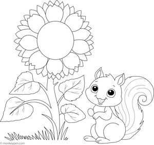 Printable Sunflower and a Playful Squirrel Coloring Page