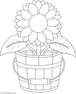 Sunflower in a Wooden Bucket Coloring Page