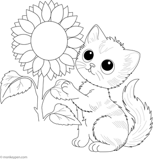 Sunflower and a Curious Kitten Coloring Page