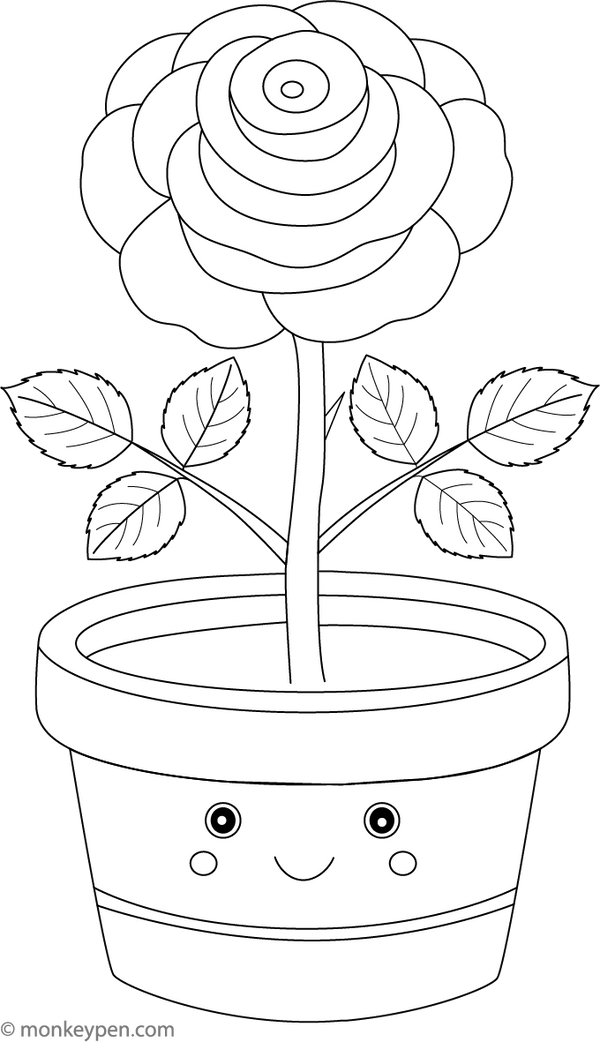 Smiling Rose in a Flower Pot Colouring Page