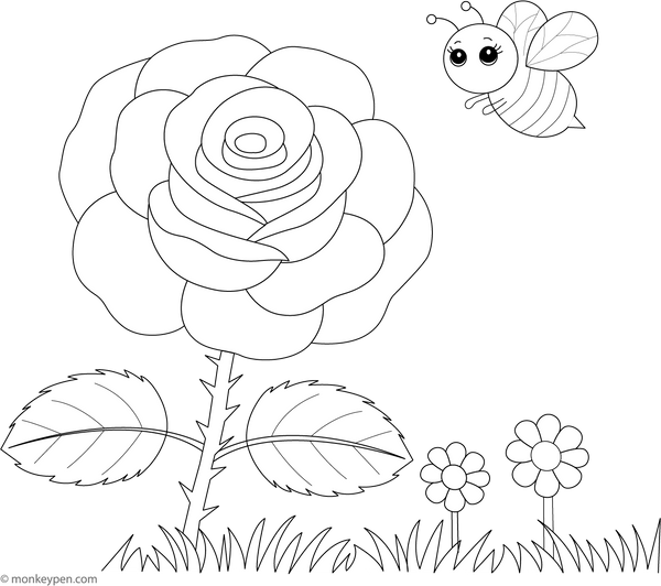 Rose and a Buzzing Bee Colouring Page