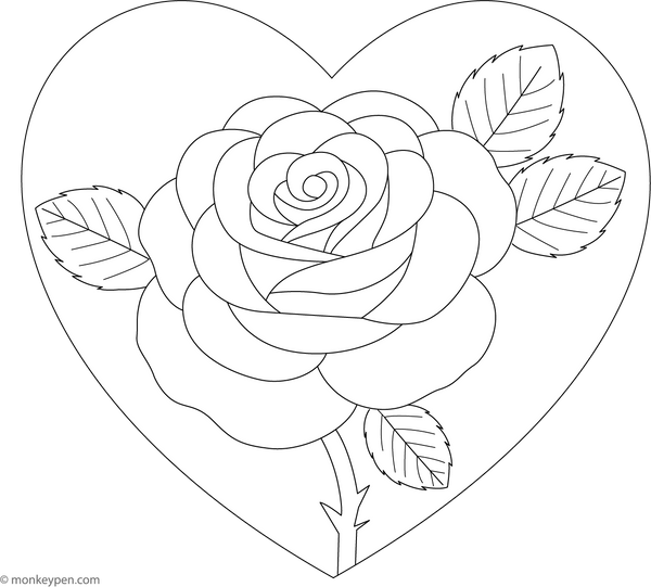 Rose in a Heart-Shape Colouring Page
