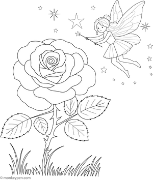 Rose and a Fluttering Fairy Coloring Page