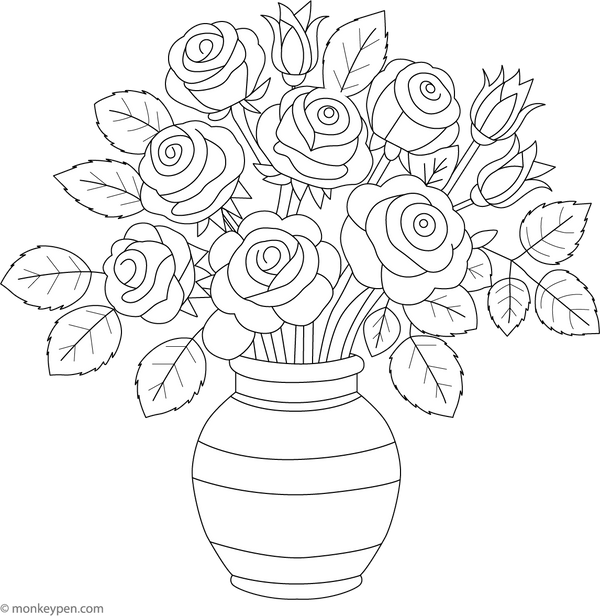 Rose Bouquet in a Vase ColoringPage