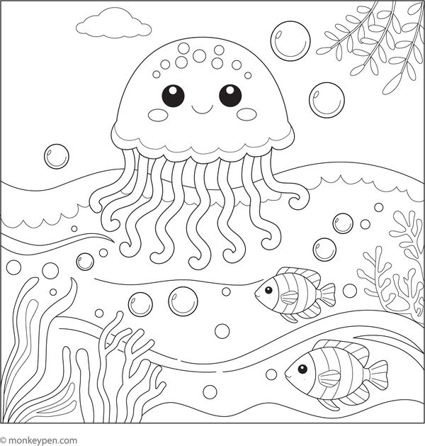 Printable Happy Jellyfish in the Ocean Coloring Page