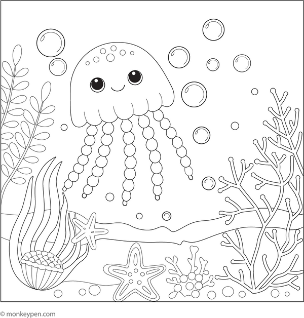 Jellyfish and Coral Reef Coloring Page