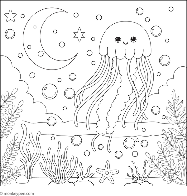 Jellyfish Under the Moonligh Coloring Page