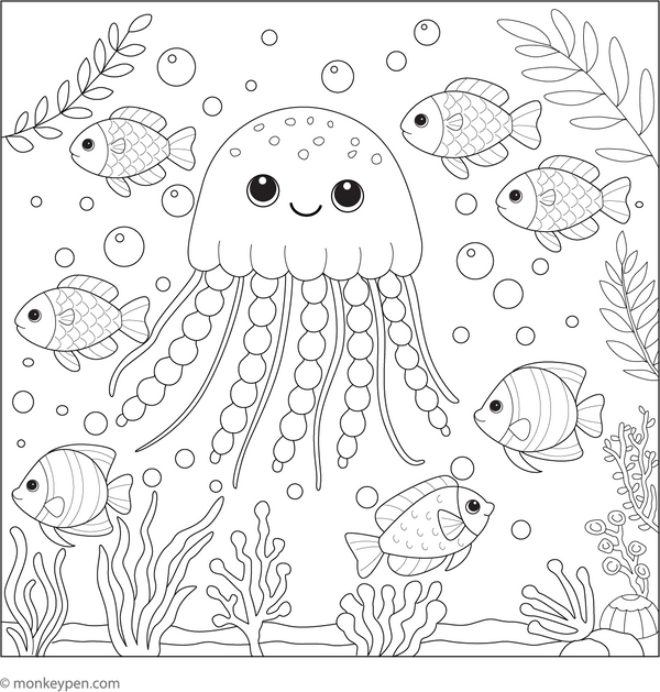 Jellyfish and a School of Fish Coloring Page