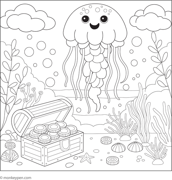 Jellyfish and a Treasure Chest Coloring Page