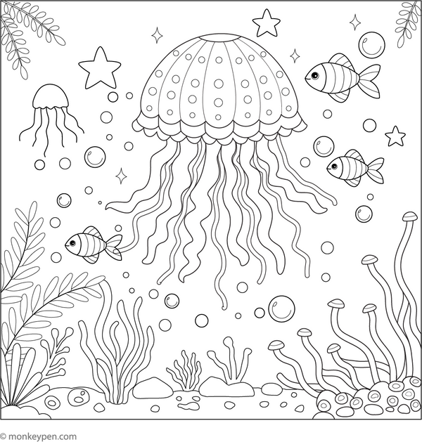 Jellyfish in a Magical Sea Coloring Page