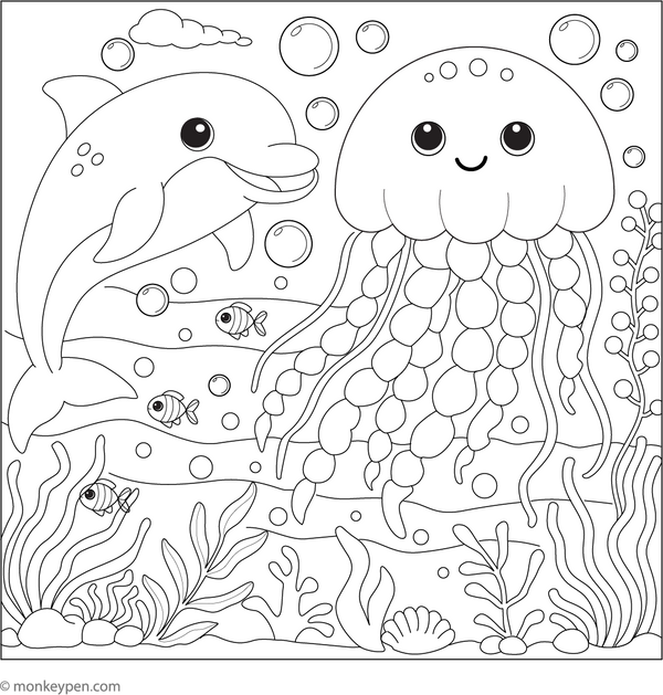 Jellyfish and a Dolphin Colorin Page