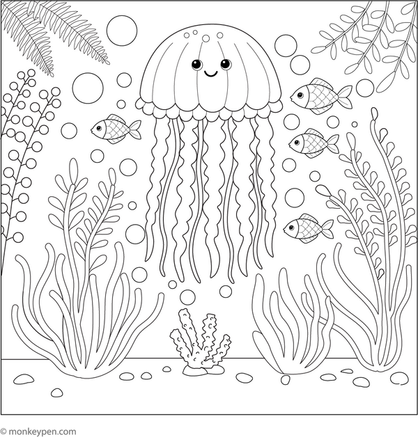 Jellyfish in a Kelp Forest Coloring Page