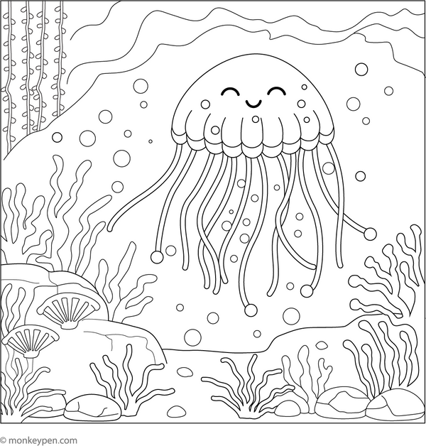 Jellyfish in an Underwater Cave Coloring Page