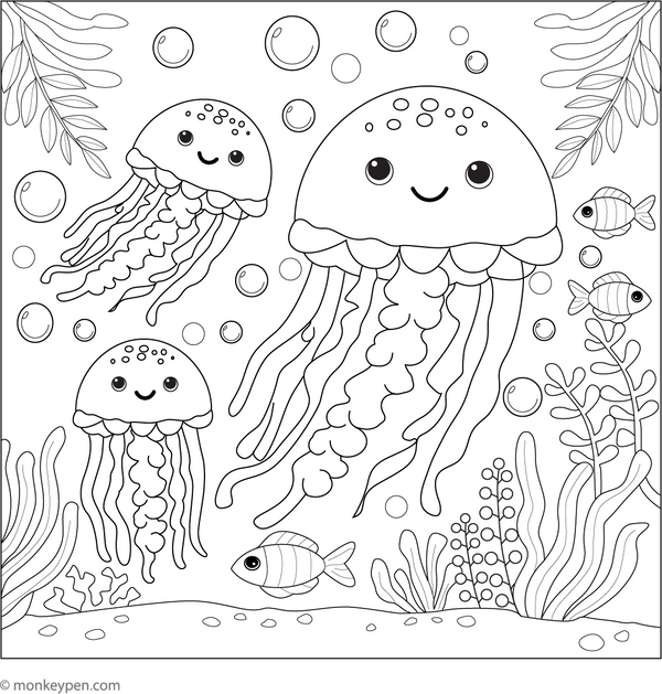 Jellyfish with Family Coloring Page