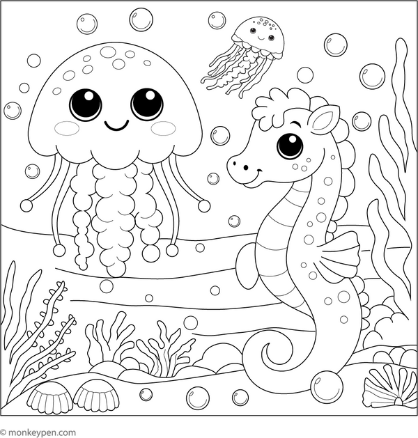 Jellyfish and a Seahorse Coloring Page