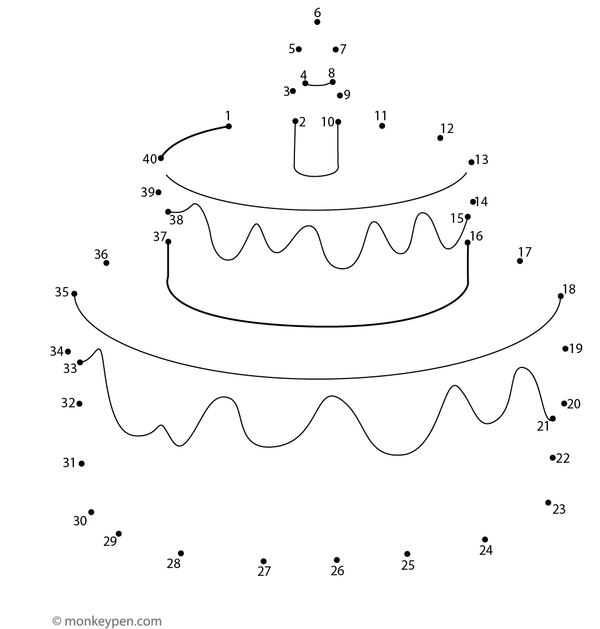 Worksheet with dots forming a birthday cake with candles for children to connect and decorate