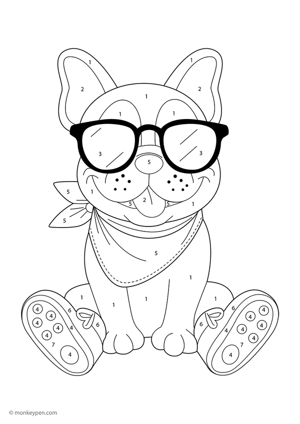 Free downloadable color-by-number worksheet featuring a cute French Bulldog with numbered sections on its ears, face, and eyes—ideal for kids to enjoy creative coloring while learning numbers through a pet-themed printable.