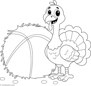 Turkey and a Hay Bale Coloring Page