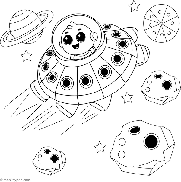 Spaceship Flying Through an Asteroid Field Coloring Pag