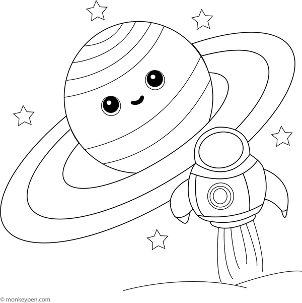 Spaceship Near Planets Colouring Page