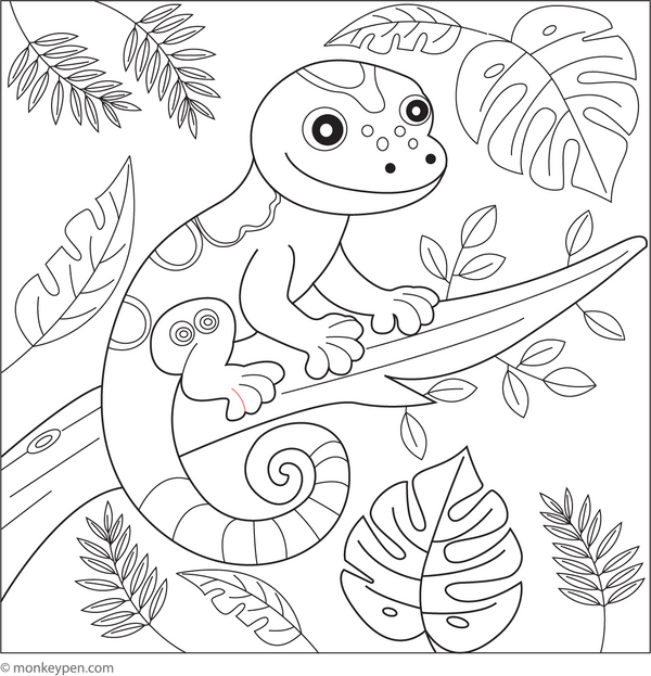 Lizard on a Jungle Branch Coloring page