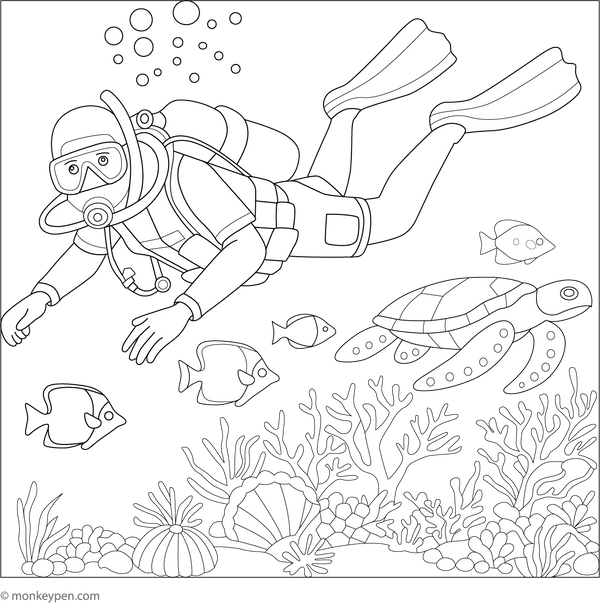 Scuba Diving Colouring Page