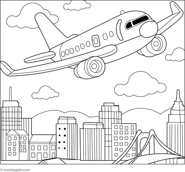 Printable Passenger Airplane Flying Over a City Coloring Page