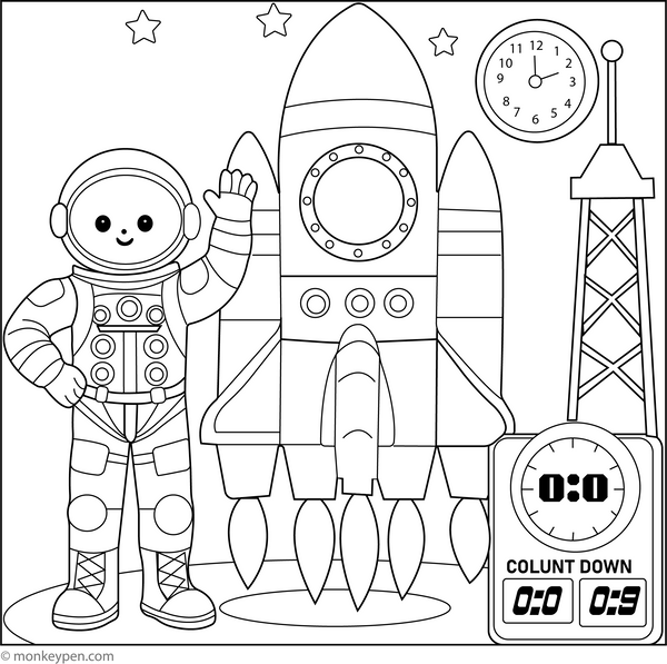 Printable Rocket Launch Countdown Colouring Page