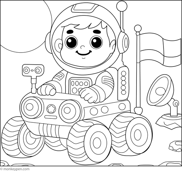 Printabl Astronaut with a Space Rover Colouring Page