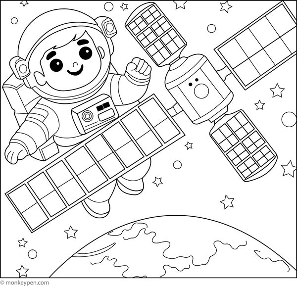 Printable Astronaut with a Satellite Colouring Page