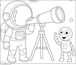 Printable Astronaut with Space Telescope Colouring Page