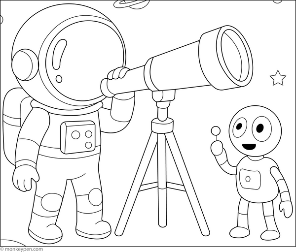 Printable Astronaut with Space Telescope Colouring Page