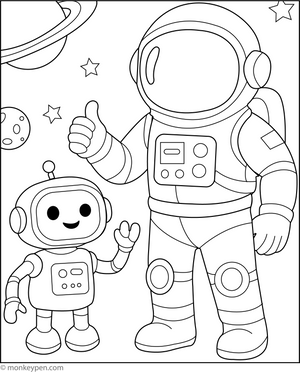 Printable Astronaut and Space Robot Colouring Page