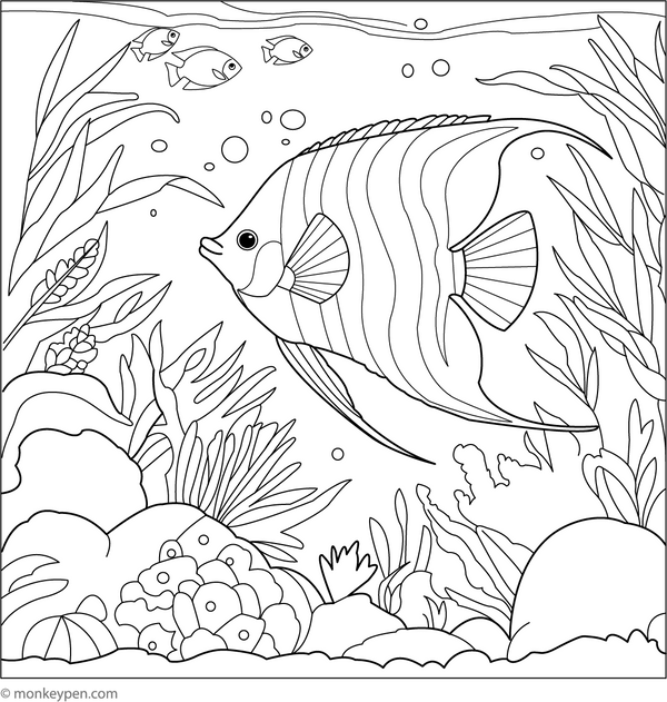Printable Angelfish Under Ocean Coloring Page