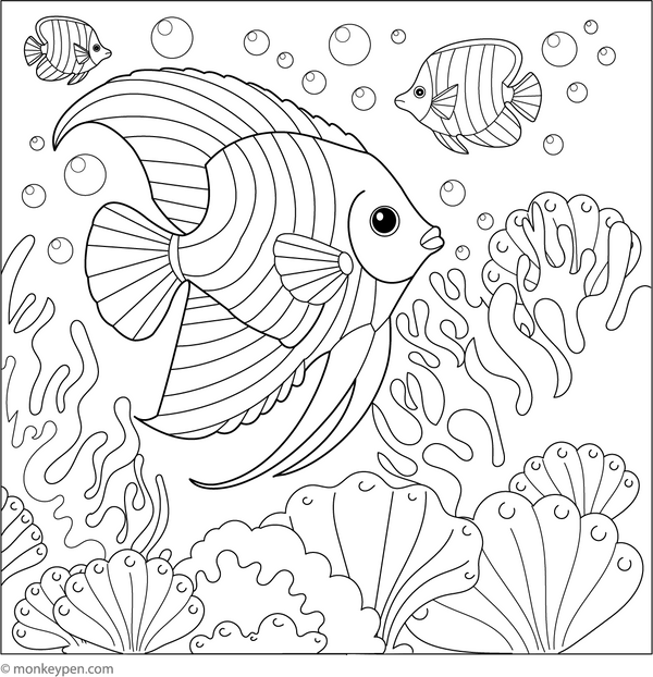 Printable Angelfish and a Coral Maze Coloring Page