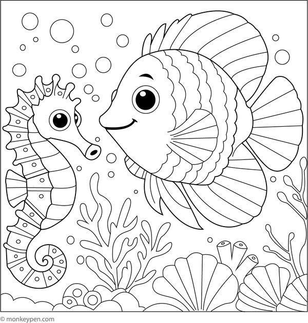 Free Printable Angelfish and  Seahorse Coloring Page