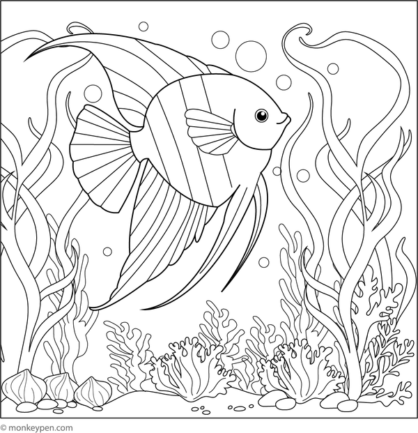 Printable Angelfish in a Kelp Forest Coloring Page