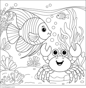 Free Printable Angelfish and a Friendly Crab Coloring Page