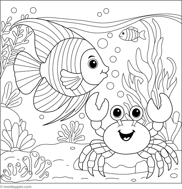 Free Printable Angelfish and a Friendly Crab Coloring Page