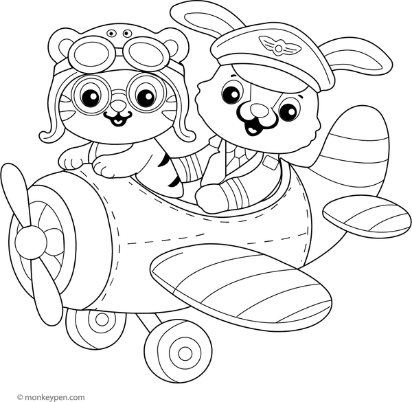 Printable Cute Airplane with Animal Pilots Colouring Page