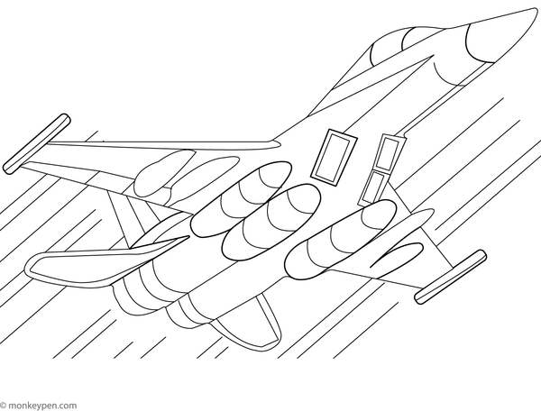 Printable Military Jet with a Powerful Takeoff Colouring Page