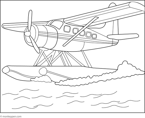 Printable Seaplane Landing on Lake Colouring Page