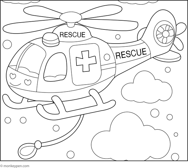 Printable Helicopter Rescue Plane in Action Colouring Page