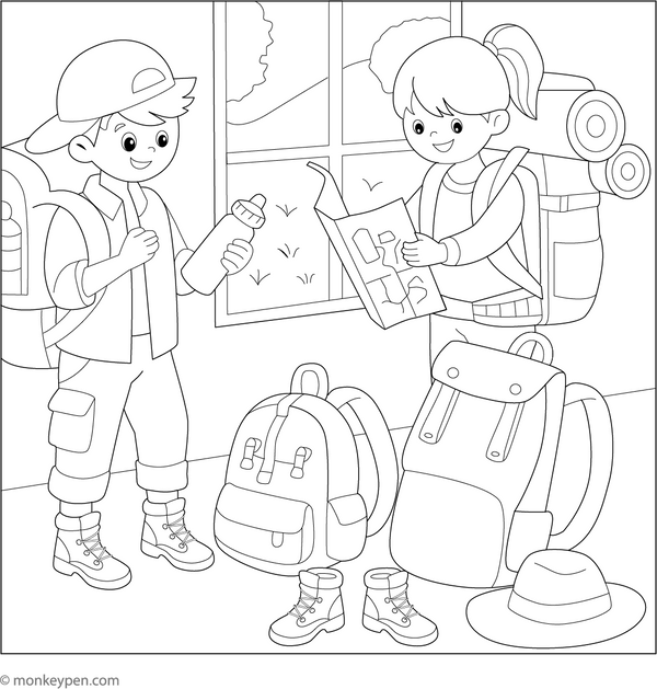 Printable Kids Packing for a Hike Colouring Page