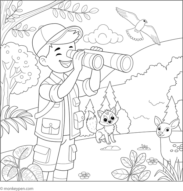 Printable Spying Animals in Hiking Colouring Page