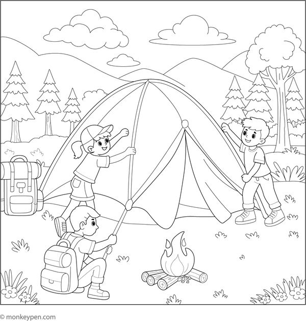 Free Printale Kids Setting Tent in Camping Coloring Page
