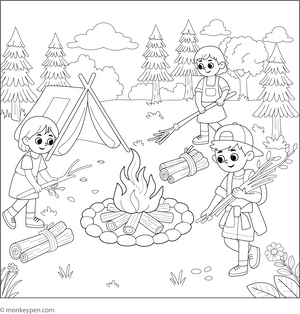 Free Printable Kids Gathering Stick for Campfire Coloring Page