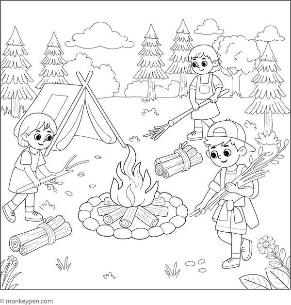 Free Printable Kids Gathering Stick for Campfire Coloring Page