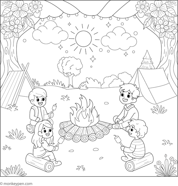 Printable Campfire Scene Colouring Page