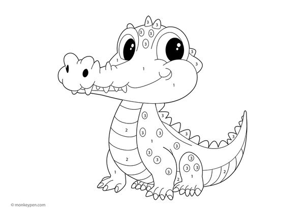 Free downloadable color-by-number worksheet featuring a Garial with a long snout and scaly body in a river scene—kids can follow numbered sections to build number skills while learning about this unique crocodilian species.
